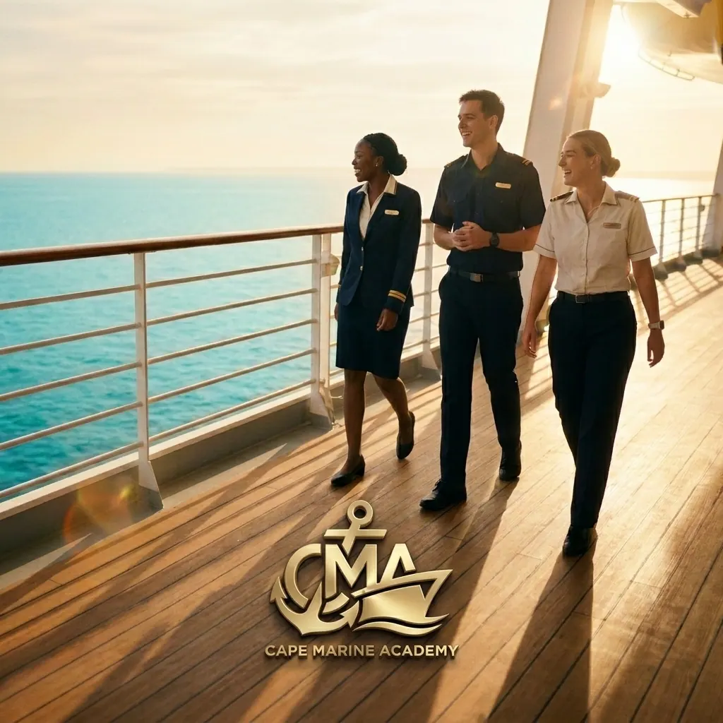 Cape Marine Academy crew on the deck of a cruise ship at sunset