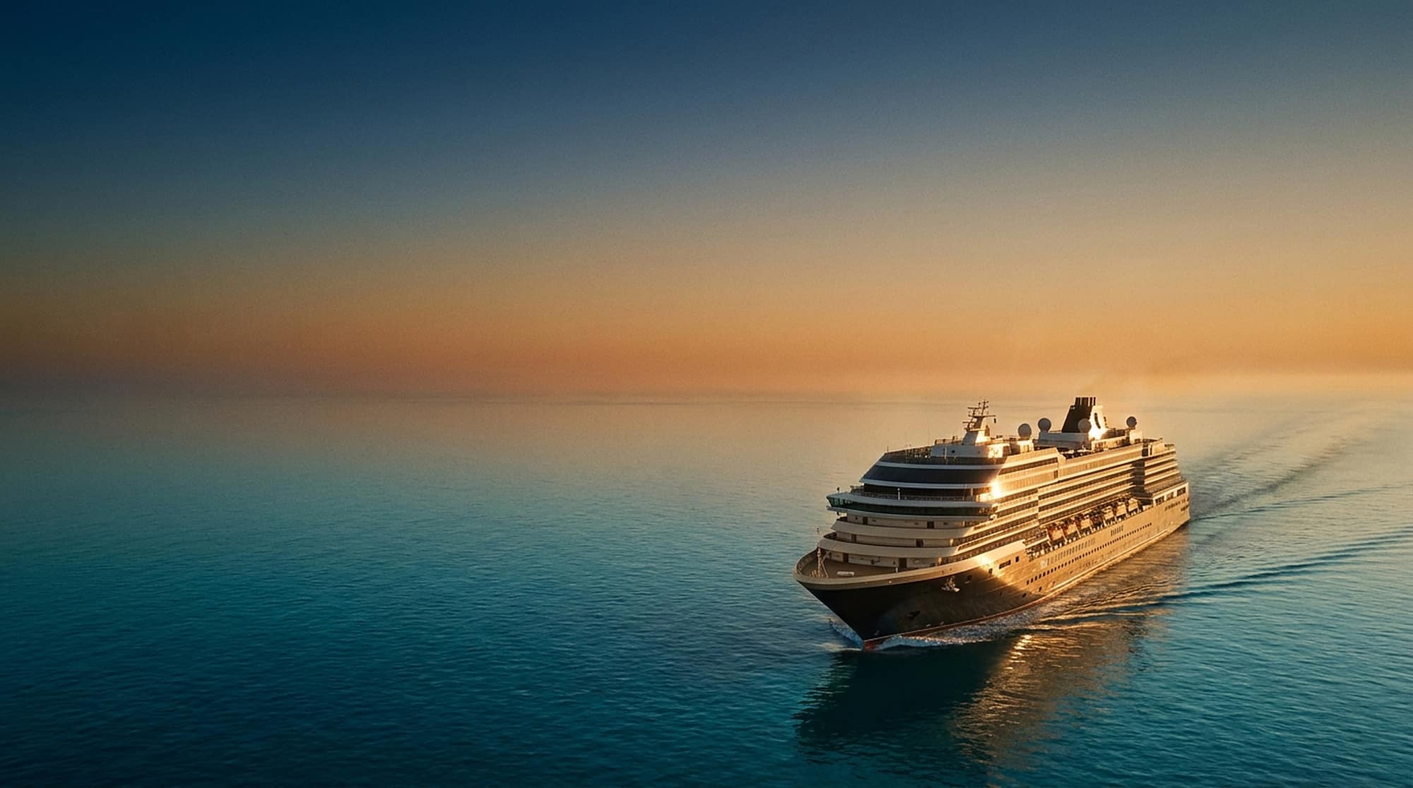 A cruise ship sailing at sea at sunset