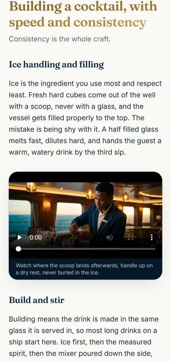 A Bartender lesson on a phone, Building a cocktail with speed and consistency, with a training video under the section on ice handling