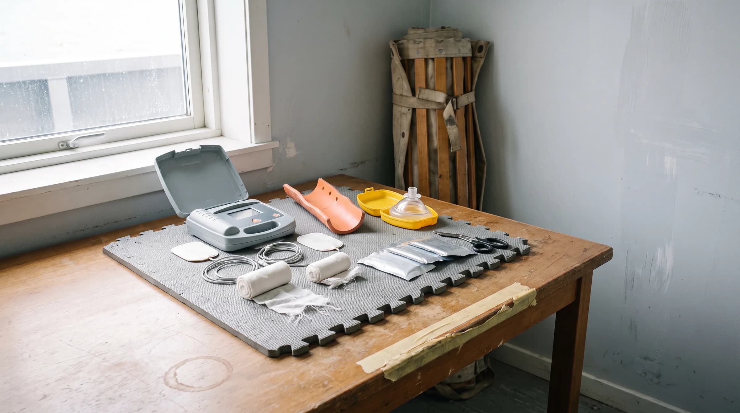 First aid equipment on a table: a defibrillator trainer, bandages and a splint, with a stretcher against the wall