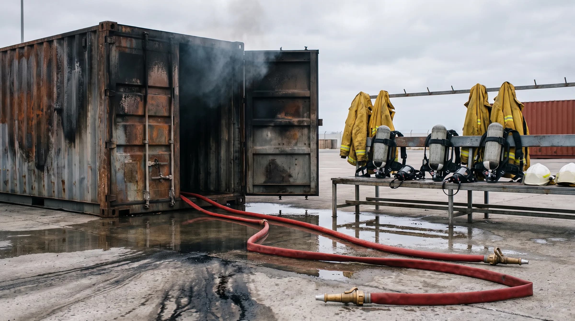 Fire hoses, breathing apparatus and fire jackets beside a smoke blackened steel container