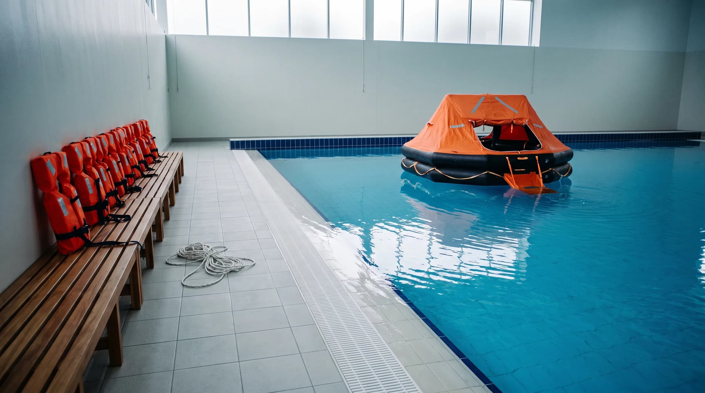 An indoor pool with an orange liferaft on the water, and lifejackets on a bench beside it